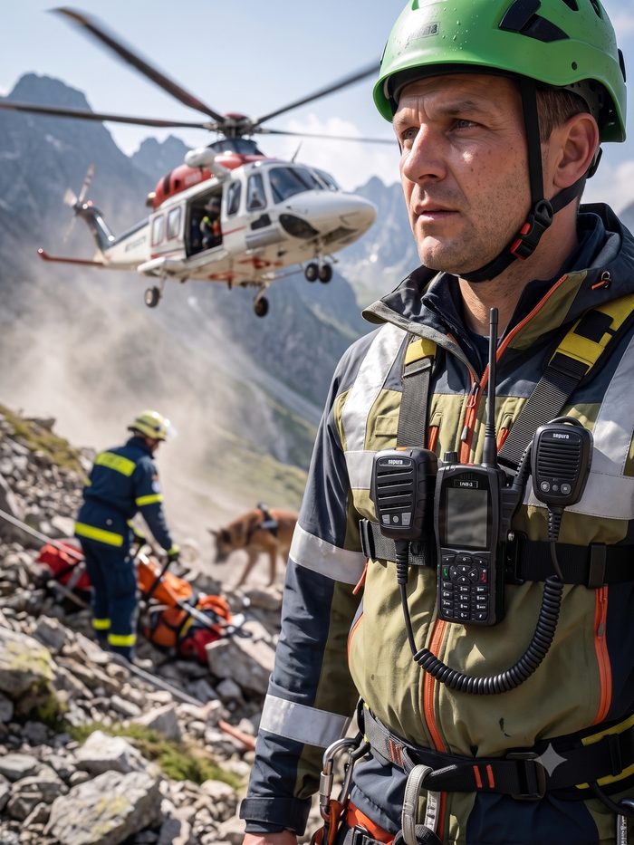 Bergwacht-Einsatzkraft mit Sepura-Funkgerät und FunkFix vor Rettungshubschrauber