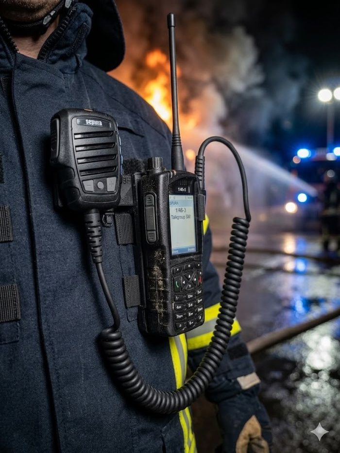 Feuerwehrmann mit Sepura-Funkgerät und FunkFix bei nächtlichem Löscheinsatz
