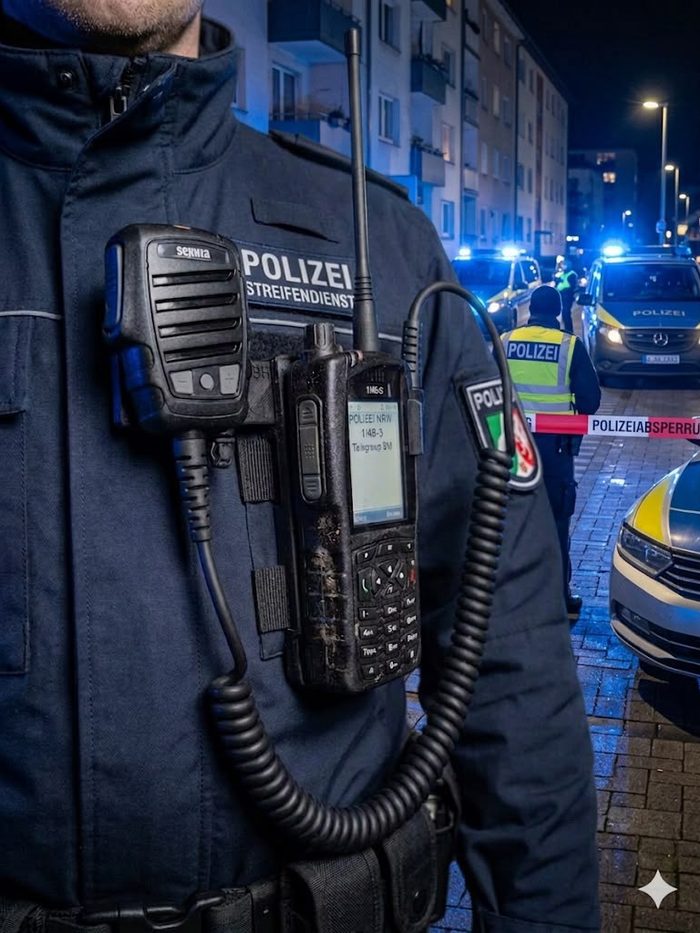 Polizist mit Sepura-Funkgerät und FunkFix im Streifendienst