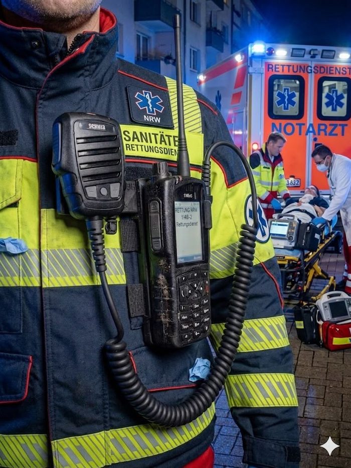 Rettungssanitäter mit Sepura-Funkgerät und FunkFix am Einsatzort